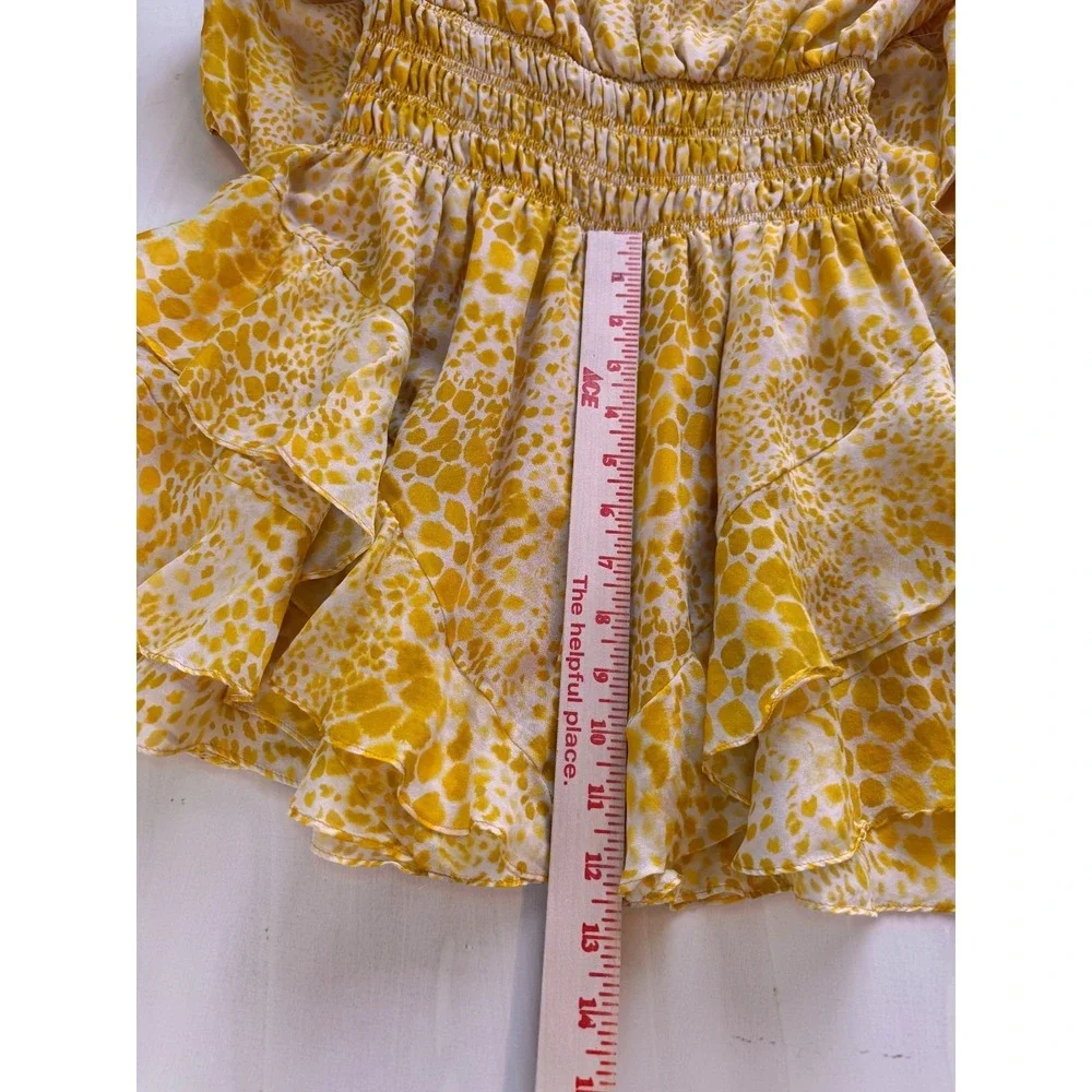 Ramy Brook M Silk Yellow Animal Print Ruffle Simone Mini Dress Pleated Smocked